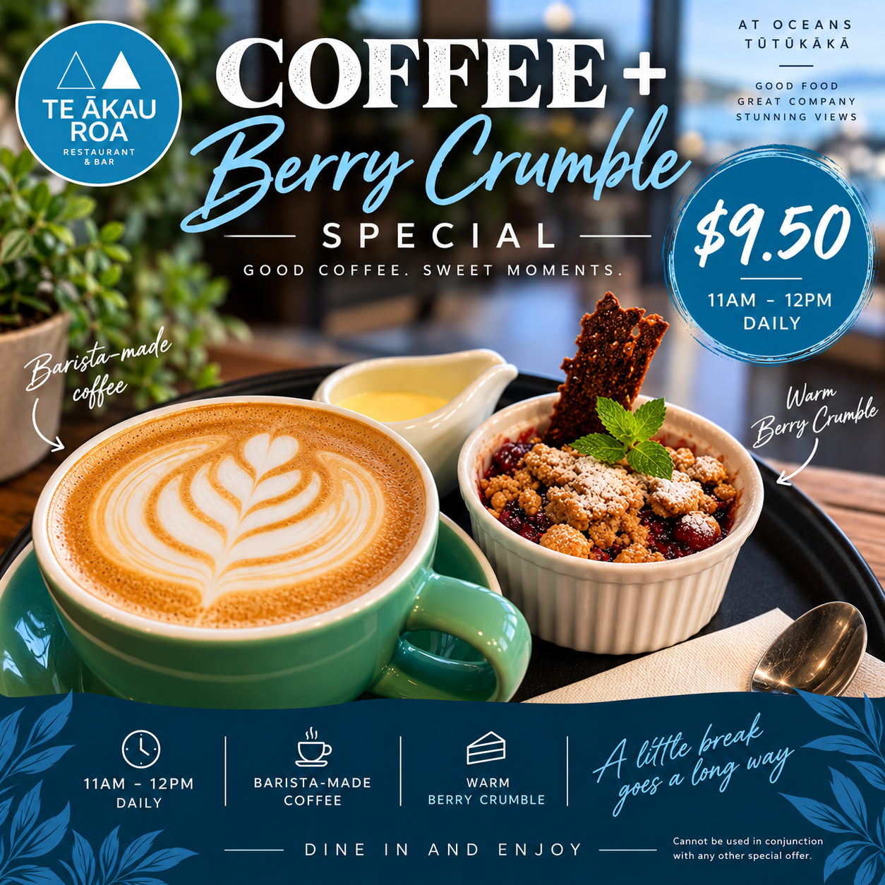 Coffee and warm berry crumble special at Te Ākau Roa
